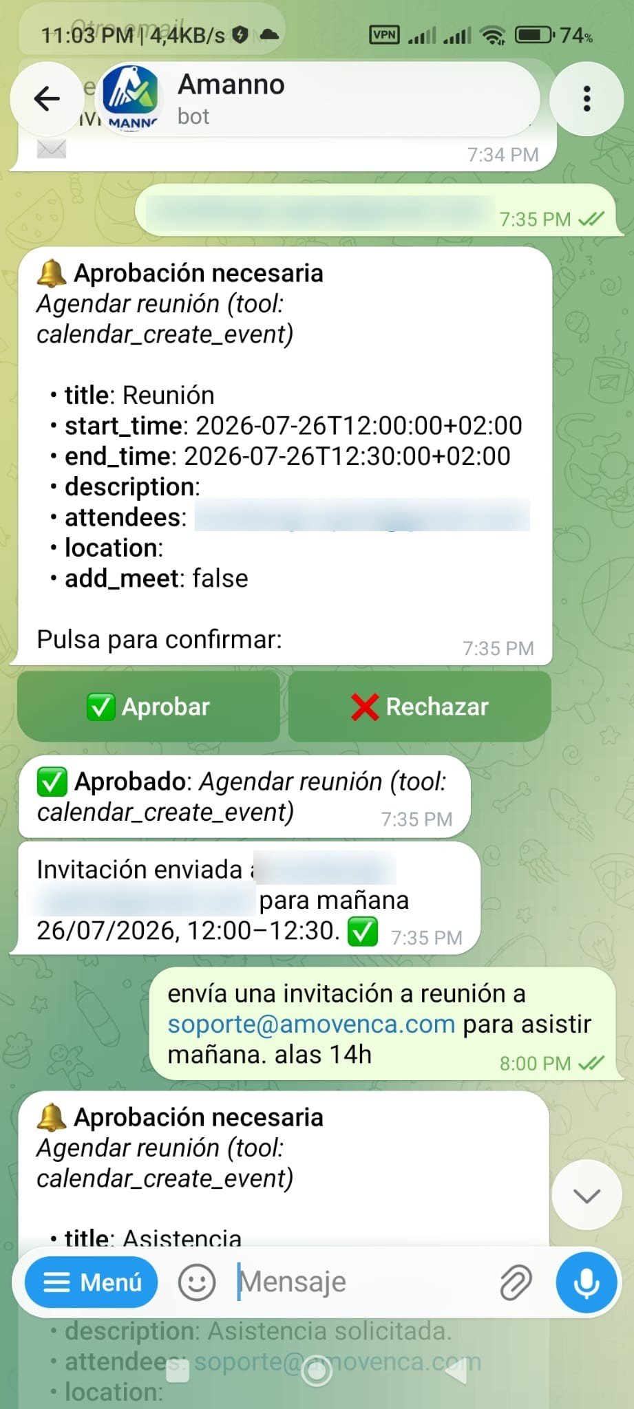 Conversación en Telegram: Amanno pide aprobación para agendar una reunión con la herramienta calendar_create_event; tras aprobar, confirma que la invitación fue enviada al asistente.
